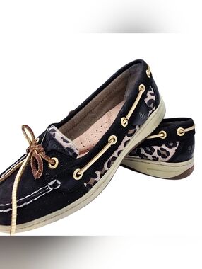 Sperry Sliders Black & Leopard-Print Boat Shoe
